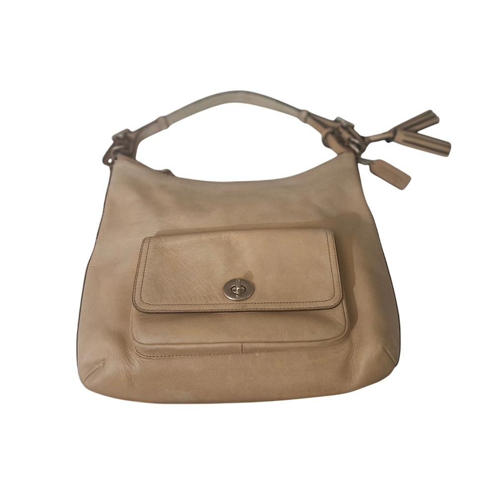Coach Tan Leather Hobo Shoulder Bag Turnlock Front Pocket Tassel‎ Tan Neutral